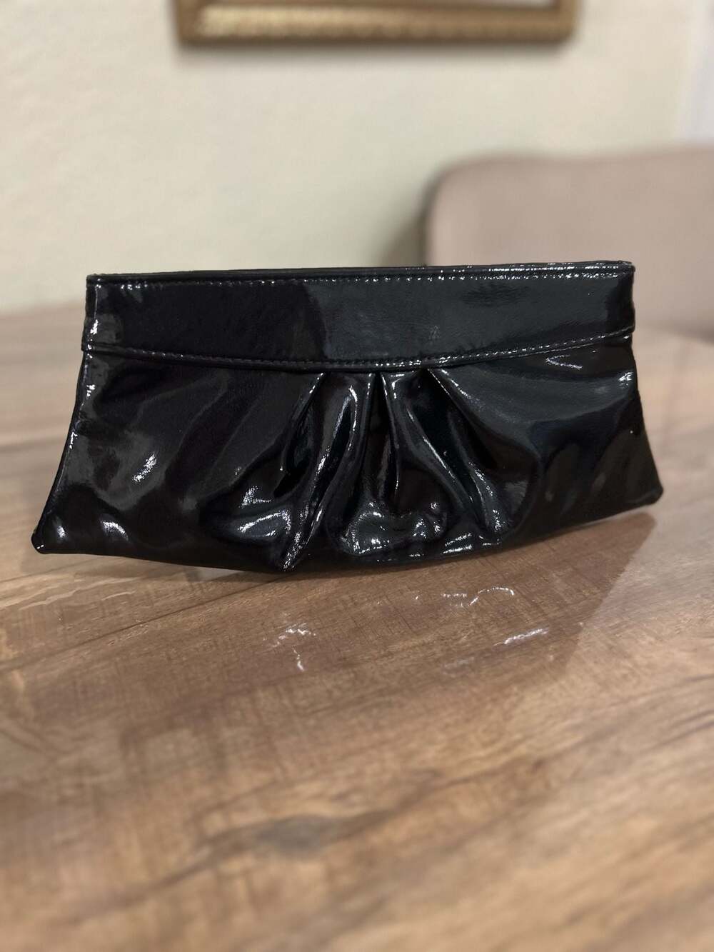 Lauren Merkin Black Patent Leather Pleated Evening Clutch Handbag